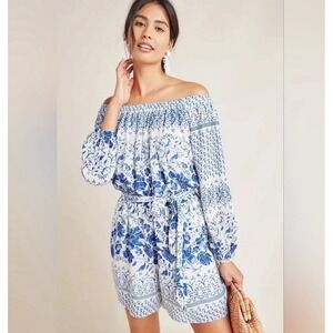 Anthropologie Women's Clemente‎ Off the Shoulder Floral Romper Blue White Small